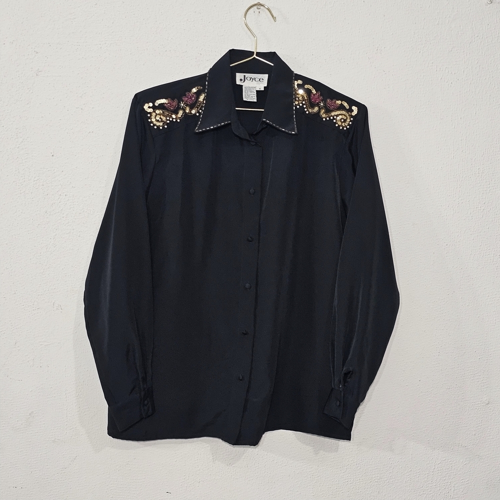 Vintage Joyce Black Beaded Sequin Western Button Down Shirt Sz 8 Grandmacore 70s